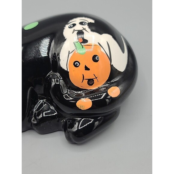 Whimsical Ceramic Cat Figurine Black with Polka Dots Halloween Pumpkin Figurine - Picture 4 of 10